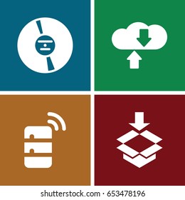 Storage icons set. set of 4 storage filled icons such as box, cd, server