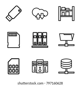 Storage icons. set of 9 editable outline storage icons such as cloud download upload, cargo barn, folder, server, memory card, usb drive