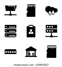 Storage icons set. set of 9 storage filled icons such as barn, cargo barn, memory card, resume, cloud download upload, folder