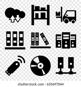 Storage icons set. set of 9 storage filled icons such as forklift, cargo barn, binder, cd, usb signal, cloud download upload