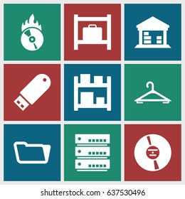 Storage icons set. set of 9 storage filled icons such as hanger, folder, cargo barn, cd, flash drive, cd fire