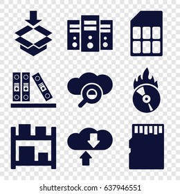 Storage icons set. set of 9 storage filled icons such as box, binder, cd fire, memory card, storage, search cloud, download cloud