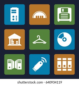 Storage icons set. set of 9 storage filled icons such as barn, hanger, binder, cargo barn, diskette, usb signal, cd