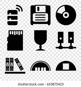 Storage icons set. set of 9 storage filled icons such as barn, fragile cargo, cargo barn, diskette, binder, server, cd