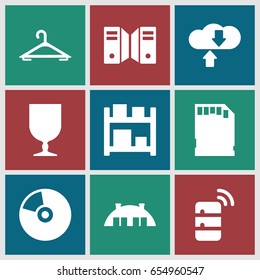 Storage icons set. set of 9 storage filled icons such as hanger, fragile cargo, memory card, barn, server, cd, storage