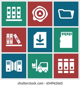 Storage icons set. set of 9 storage filled icons such as binder, folder, arrow up, forklift, file, memory card