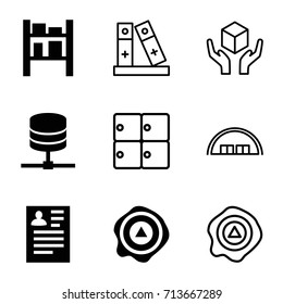 Storage icons set. set of 9 storage filled and outline icons such as resume, arrow up, cargo barn, luggage storage, barn, handle with care, binder