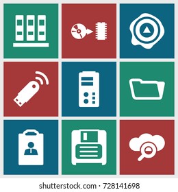 Storage icons set. set of 9 storage filled icons such as folder, arrow up, diskette, disc, usb signal, resume, binder, search cloud