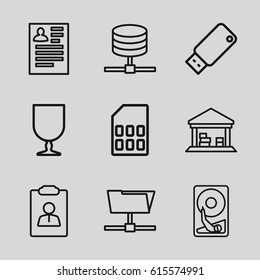 Storage icons set. set of 9 storage outline icons such as resume, fragile cargo, cargo barn, usb drive, memory card, hard disc, folder