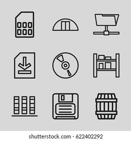 Storage icons set. set of 9 storage outline icons such as barrel, cargo barn, diskette, CD, file, memory card, binder