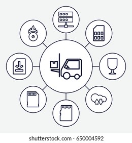 Storage icons set. set of 9 storage outline icons such as fragile cargo, forklift, cd fire, file, memory card, cloud download upload