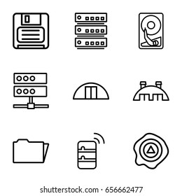 Storage icons set. set of 9 storage outline icons such as arrow up, cargo barn, diskette, folder, barn, server