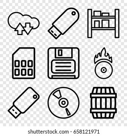 Storage icons set. set of 9 storage outline icons such as barrel, cargo barn, diskette, cd, flash drive, cd fire, usb drive, memory card