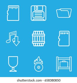 Storage icons set. set of 9 storage outline icons such as luggage storage, barrel, folder, fragile cargo, diskette, cd fire, memory card