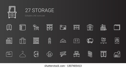 storage icons set. Collection of storage with binder, tv table, stick, file transfer, folder, hanger, fuel truck, hangar, cloud computing. Editable and scalable storage icons.