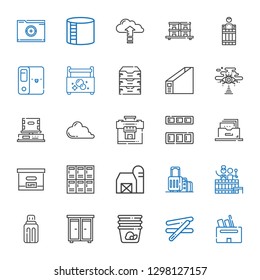 storage icons set. Collection of storage with box, stick, container, drawer, usb, barrel, suitcase, barn, lockers, filing cabinet, cupboard. Editable and scalable storage icons.