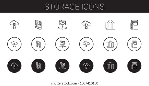 storage icons set. Collection of storage with cloud computing, binder, cloud folder, suitcase, folder. Editable and scalable storage icons.