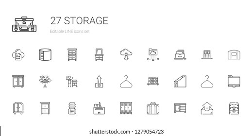 storage icons set. Collection of storage with drawer, suitcase, lockers, box, water tank, wardrobe, folder, stock, hanger, upload, gas, cloud computing. Editable and scalable storage icons.
