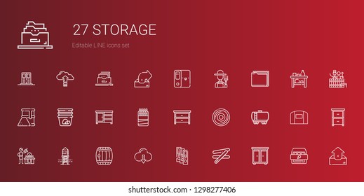 storage icons set. Collection of storage with drawer, stick, binder, cloud computing, barrel, reservoir, gas, fuel truck, compact disc, sticks. Editable and scalable storage icons.