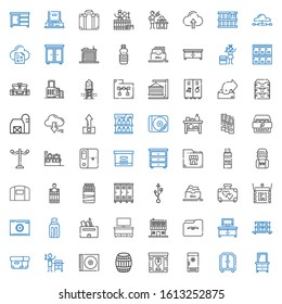 storage icons set. Collection of storage with drawer, wardrobe, freezer, fragile, barrel, cd, gas, box, stock, tv table, folder, farm house. Editable and scalable storage icons.