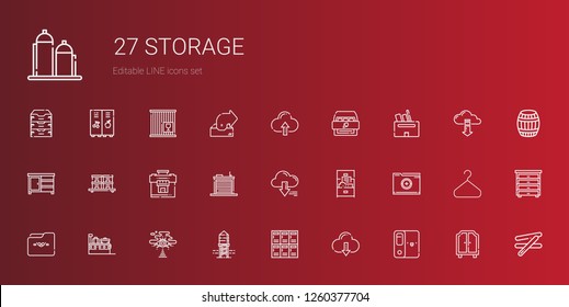 storage icons set. Collection of storage with folder, cloud computing, lockers, reservoir, suitcase, cabinet, server, warehouse, stock, drawer. Editable and scalable storage icons.