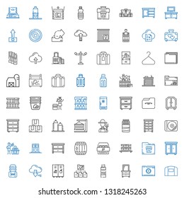 storage icons set. Collection of storage with hangar, folder, drawer, pendrive, locker, server, water tank, stock, cabinet, barrel, gas, disc. Editable and scalable storage icons.