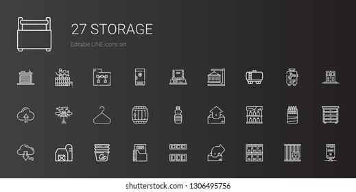 storage icons set. Collection of storage with lockers, outbox, cupboard, folder, container, barn, server, shelf, oils, barrel, hanger, cloud computing. Editable and scalable storage icons.