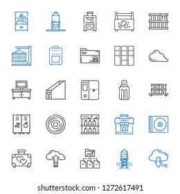 storage icons set. Collection of storage with server, reservoir, folder, cloud computing, suitcase, cd, shelf, compact disc, locker, stock. Editable and scalable storage icons.