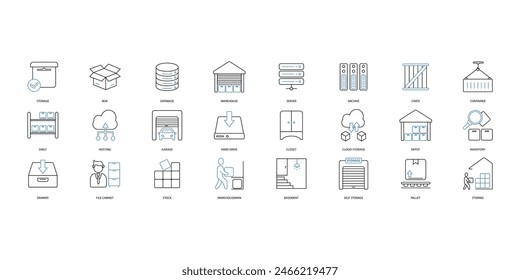 Conjunto de iconos de almacenamiento. Conjunto de iconos de trazo editables.Conjunto de almacenamiento