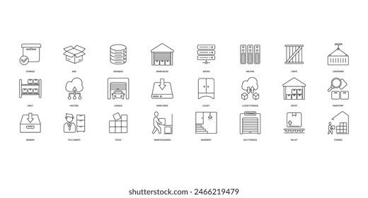 Storage icons set. Set of editable stroke icons.Set of Storage