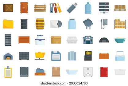 Storage icons set. Flat set of storage vector icons isolated on white background