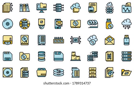 Storage icons set. Outline set of storage vector icons thin line color flat on white