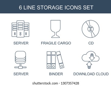 storage icons. Trendy 6 storage icons. Contain icons such as server, fragile cargo, CD, binder, download cloud. storage icon for web and mobile.