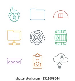 storage icons. Trendy 9 storage icons. Contain icons such as download cloud, resume, barn, barrel, arrow up, folder, cargo barn, CD fire. storage icon for web and mobile.