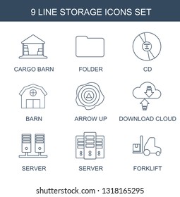 storage icons. Trendy 9 storage icons. Contain icons such as cargo barn, folder, CD, barn, arrow up, download cloud, server, forklift. storage icon for web and mobile.