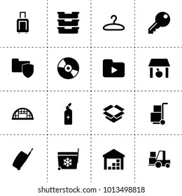 Storage icons. vector collection filled storage icons. includes symbols such as storage, drain cleaner, container, forklift, cargo, hangar. use for web, mobile and ui design.