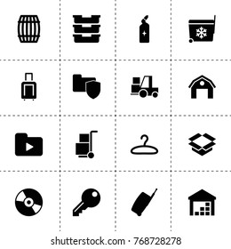 Storage icons. vector collection filled storage icons. includes symbols such as barrel, hangar, drain cleaner, container, forklift, cargo. use for web, mobile and ui design.