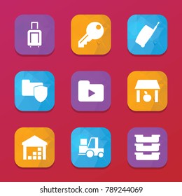 Storage icons. vector collection filled storage icons set.. includes symbols such as storage, container, forklift, media folder. use for web, mobile and ui design.