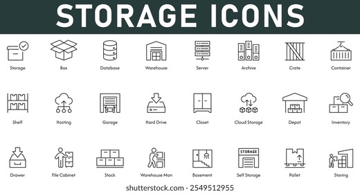 Ilustração de vetor de ícones de armazenamento com linha fina editável traço contém banco de dados armazém servidor de arquivamento recipiente prateleira depósito depósito depósito pallet estoque gaveta armário disco rígido caixa de inventário