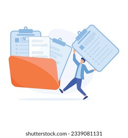  Storage and indexing of information, Businessman adds file to big folder.  flat vector modern illustration