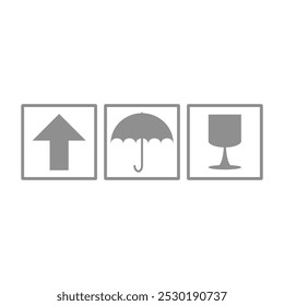 Instrucciones de almacenamiento en la caja de embalaje. Instrucciones para la posición superior, frágil, mantener seco y evitar la lluvia. Embalaje, mantener, cuidar, imprimir, pegatina. Vector