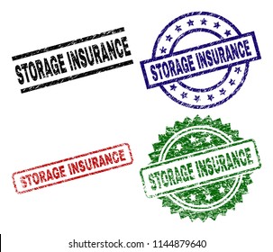 STORAGE INSURANCE seal prints with corroded surface. Black, green,red,blue vector rubber prints of STORAGE INSURANCE title with corroded texture. Rubber seals with round, rectangle, medallion shapes.