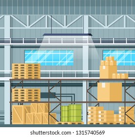 Storage Interior with Goods, Tank, Box on Shelf. Warehouse Indoor Design with Freight, Weight on Wooden Pallet, Tray, Container and Cardboard Package. Flat Cartoon Vector Illustration