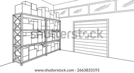 Storage interior graphic black white illustration vector