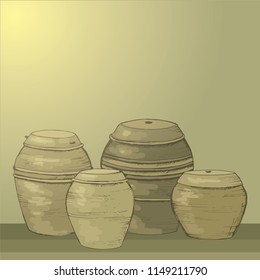 Storage of kimchi and sauces in South Korea. Traditional Korean barrels. Clay pots for storage. Culture of South Korea. Korean antique dishes.