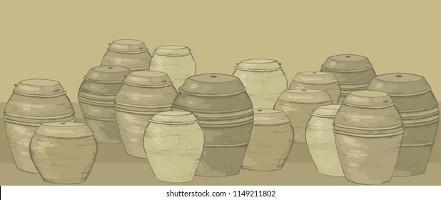 Storage of kimchi and sauces in South Korea. Traditional Korean barrels. Clay pots for storage. Culture of South Korea. Korean antique dishes.