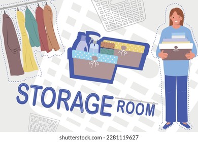 Storage laundry dressing room flat collage with smiling woman holding interior boxes vector illustration