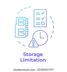 Ícone de conceito de gradiente azul de limitação de armazenamento. Princípio do RGPD. Retendo dados somente durante o período necessário. Ilustração de linha de forma redonda. Ideia abstrata. Design gráfico. Fácil de usar no artigo