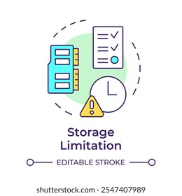 Ícone de conceito de várias cores de limitação de armazenamento. Princípio do RGPD. Retendo dados somente durante o período necessário. Ilustração de linha de forma redonda. Ideia abstrata. Design gráfico. Fácil de usar no artigo