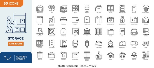 Storage line editable icon set. Containing warehouse, box, database, inventory, container, shelf, archive and more. Vector illustration